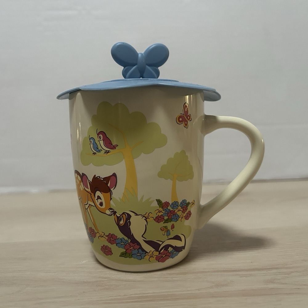 Vintage Disney Store BAMBI THUMPER FLOWER Ceramic Coffee Mug W/ Lid Authentic